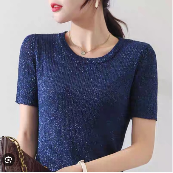 VERONICA BEARD Ume Blue Metallic Shimmer Short Sleeve Knit Top EUC/sz L - Picture 2 of 11
